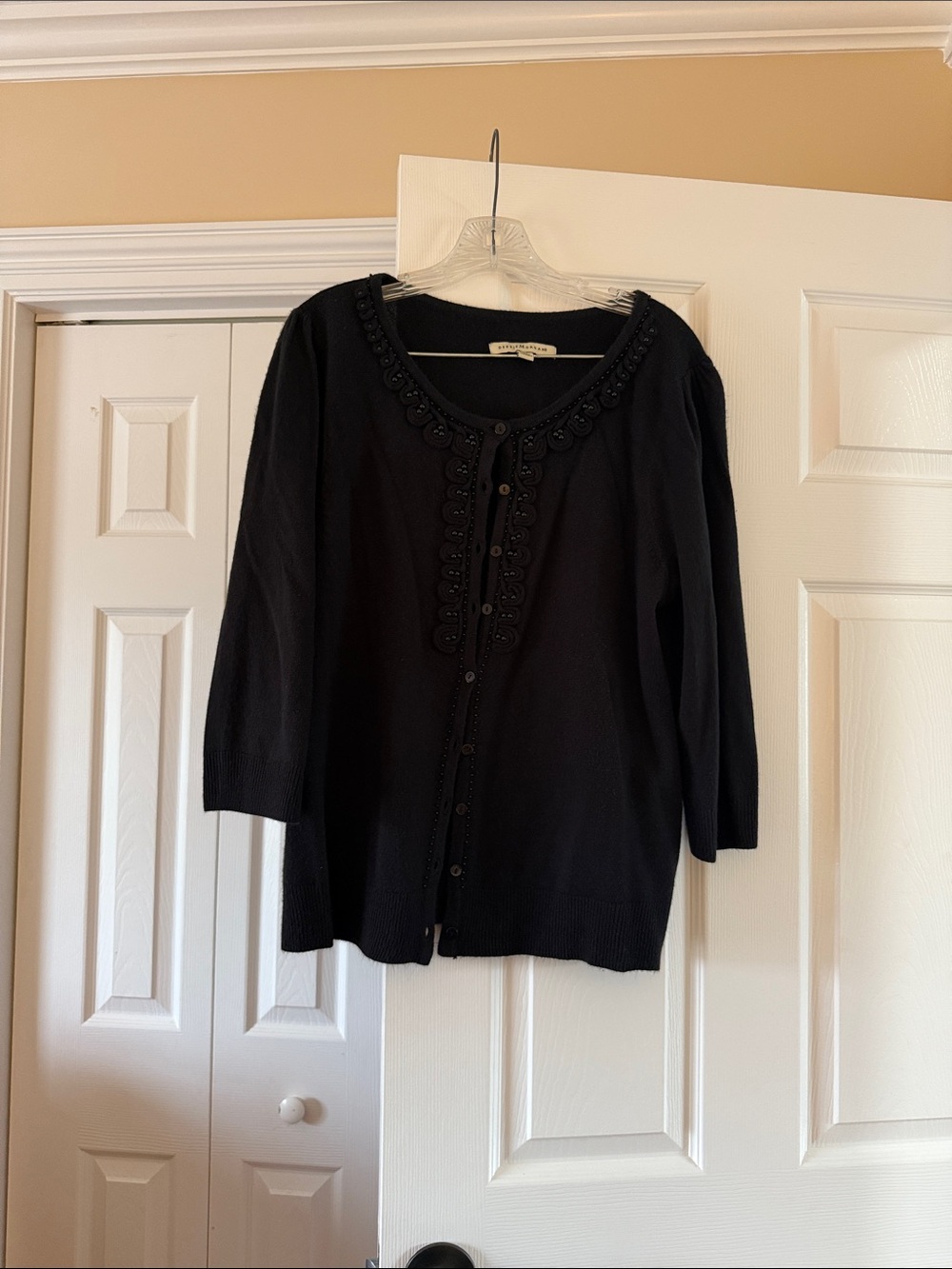 Debbie Morgan Black Embellished-Neck Button Cardigan